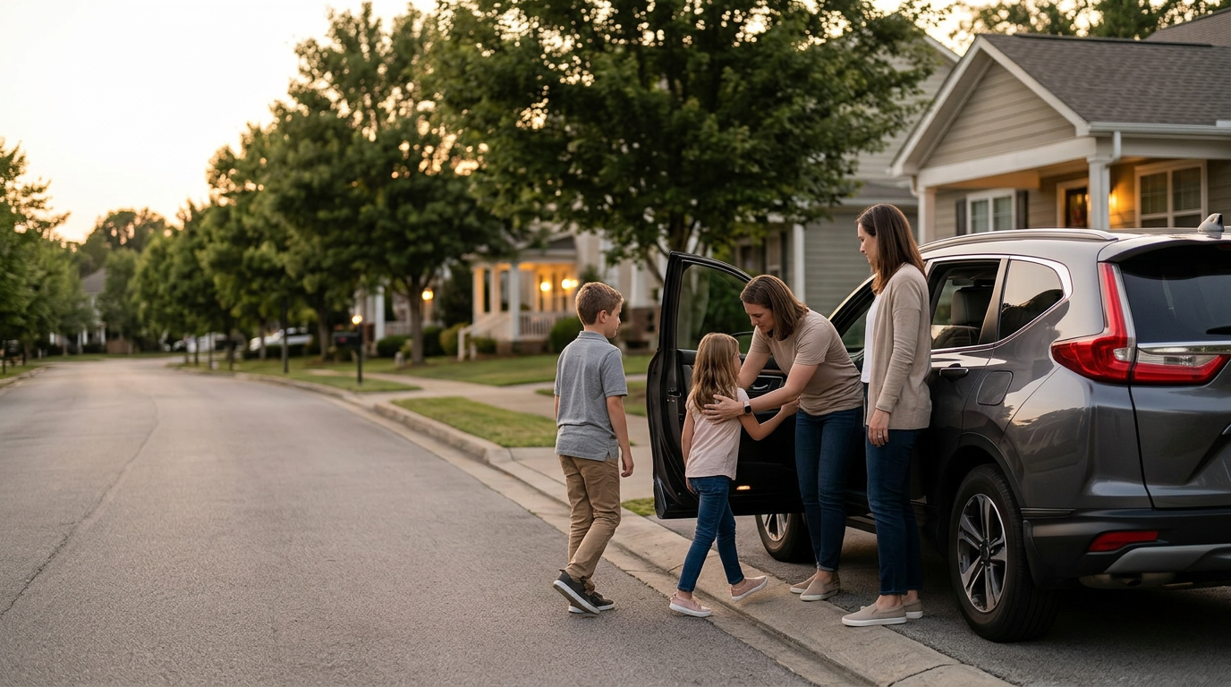 Mother helping her two children out of an SUV in a quiet residential neighborhood at dusk