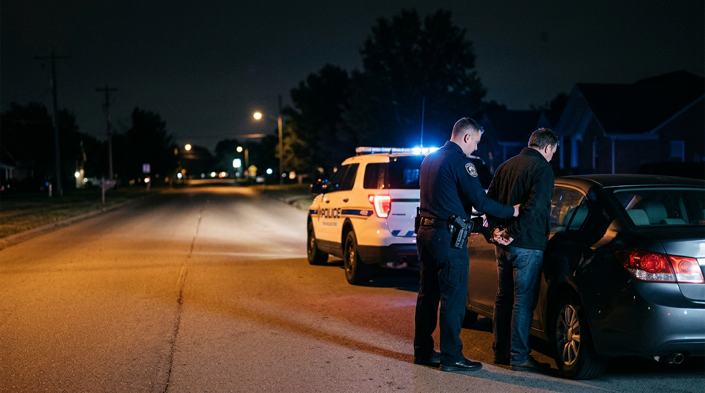 Police officer placing a driver in handcuffs next to a sedan during a nighttime DUI stop
