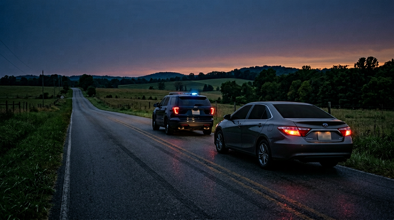 Sheriff's patrol vehicle behind a sedan pulled over on a rural Tennessee road at dusk