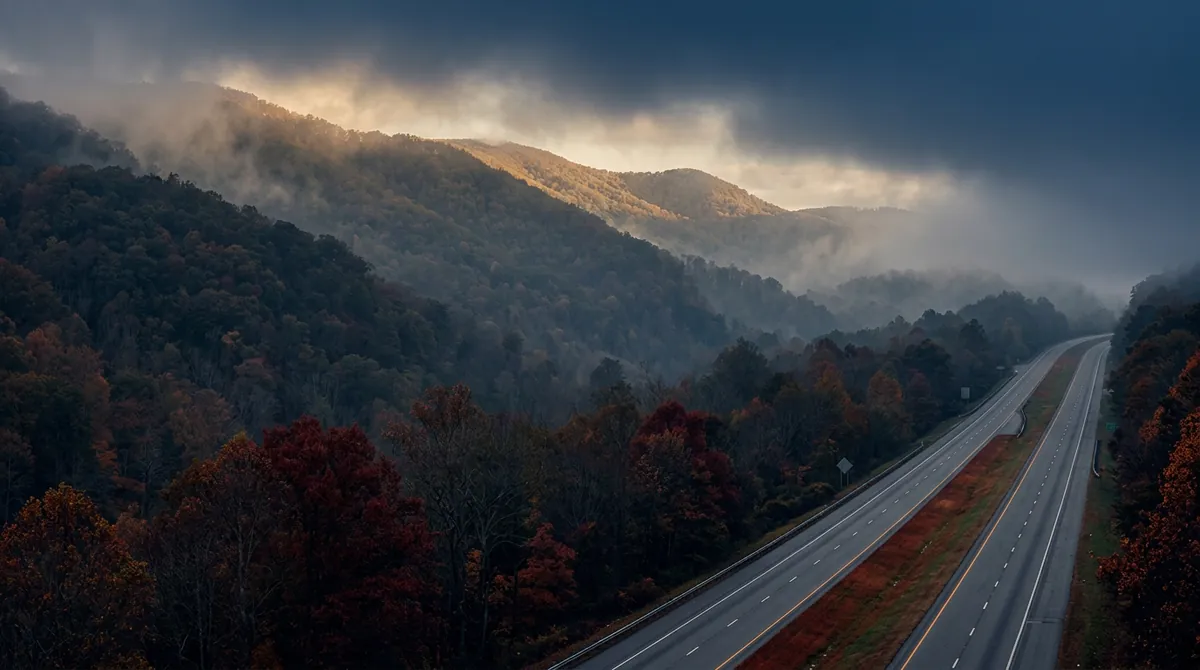 Stretch of rural interstate climbing a wooded Tennessee mountain grade, representing I-24