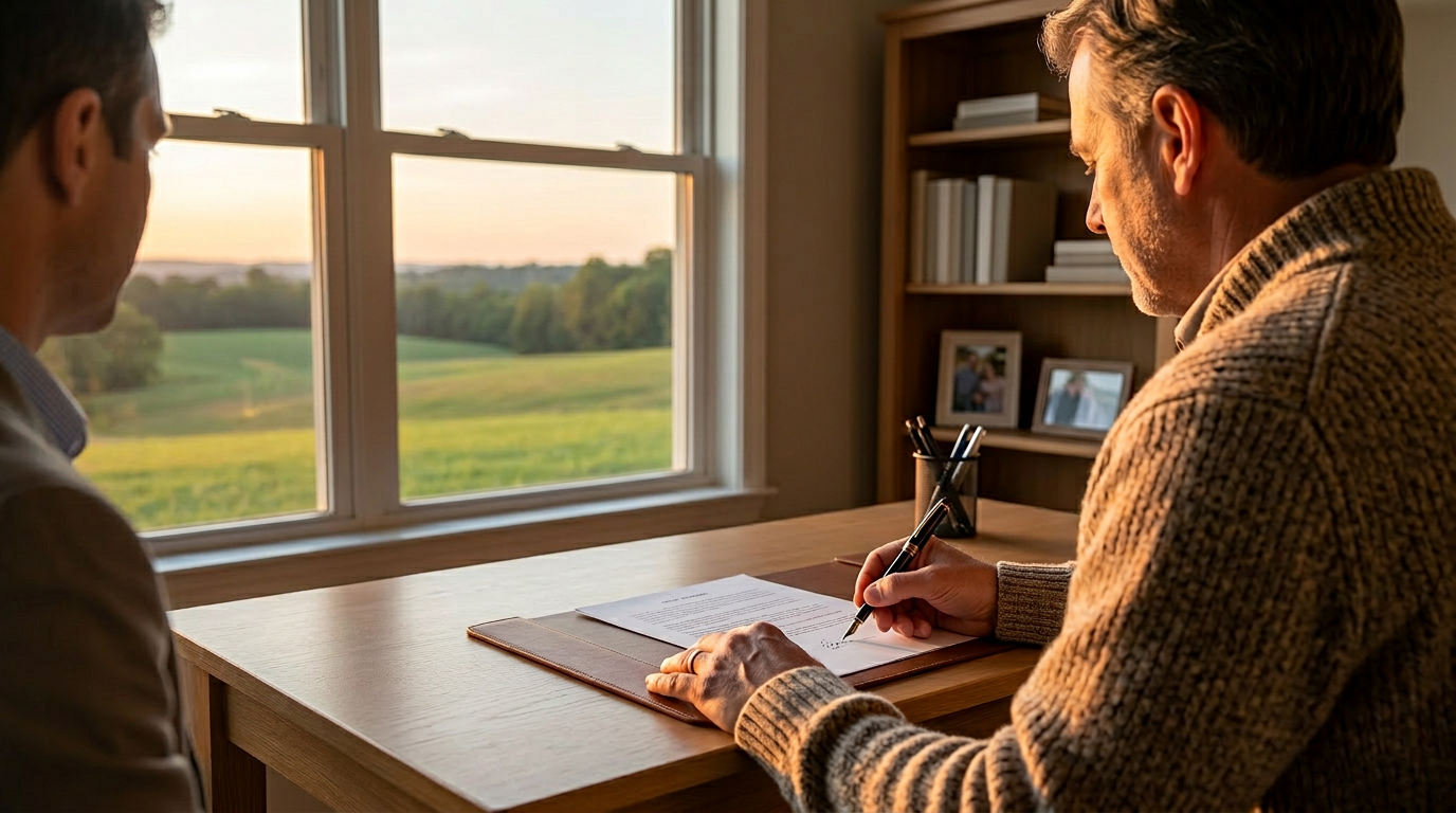 Man at a wooden desk signing a Tennessee will with his attorney across from him, soft sunset light over rural farmland through the window