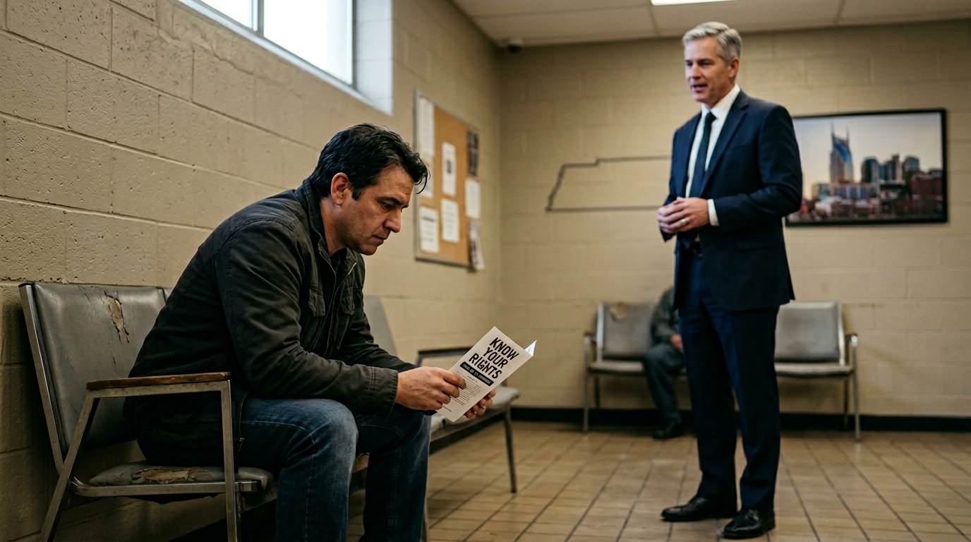 Man seated in a holding cell reading a Miranda rights notice while a defense attorney waits nearby
